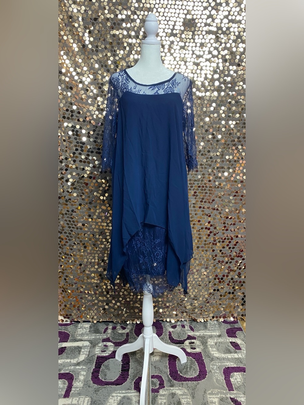 Navy Blue Lace Sleeves Evening Dress #1595